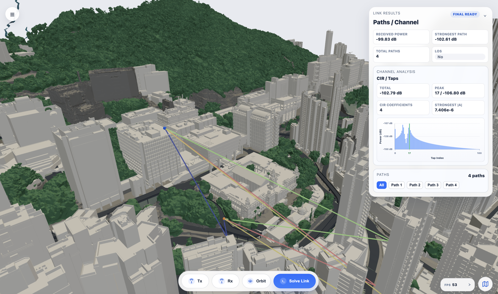 OpenAirTwin browser interface showing a three-dimensional Hong Kong city scene and wireless analysis controls